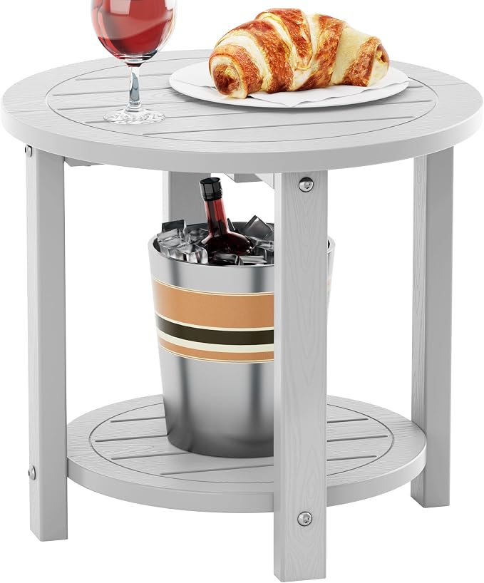 YEFU Outdoor Side Table for Patio: 16in HIPS Small Round Outdoor End Table - 2-Tier Adirondack Tables for Patio Porch Yard Poolside Living Room Beach Bedroom (White, 1 Pack)