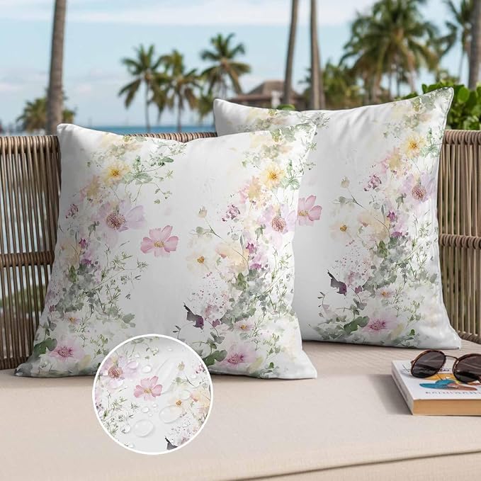 Watercolor Flowers Outdoor Waterproof Throw Pillow Covers Set of 2, 26"x26", Spring Retro Floral Purple Green Yellow Decorative Pillow Covers Outside Cushion Case for Patio Porch Garden