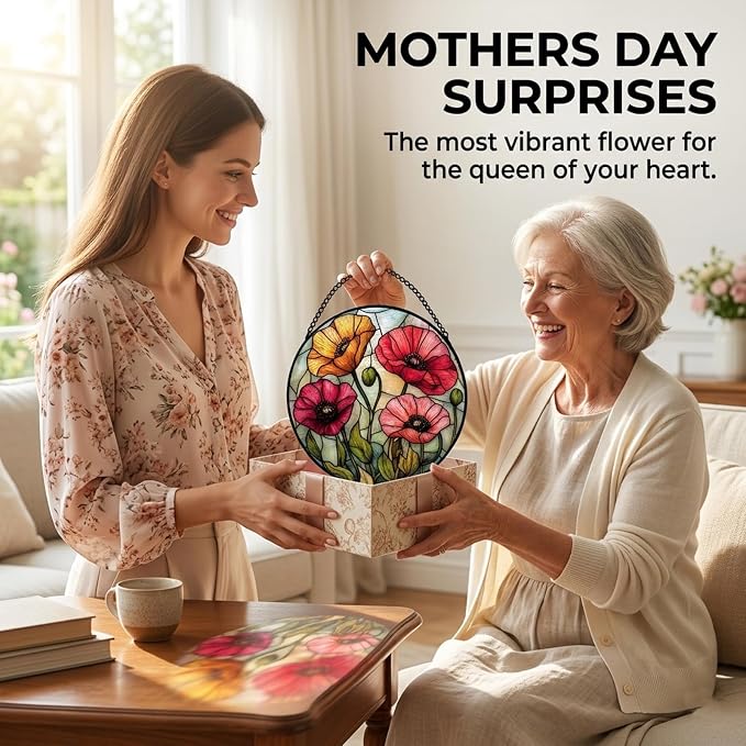 Floral Theme Gifts for Mom - Poppy Flower Faux Stained Glass Window Hanging Sun Catcher for Door Garden Acrylic Decor Mother's Day Birthday for Women Nana Friend Men Grandma 6.3"