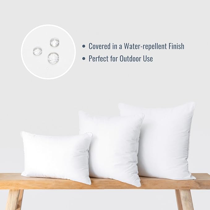 Hofdeco Premium Throw Pillow Insert, Set of 2, 24"x24" (for Cover Size 22"x22") Water Resistant Synthetic Down Alternative Sham Stuffer for Patio, Bench, Garden, Poolside, White