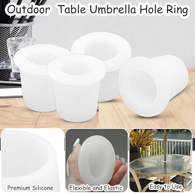 4Pcs Patio Table Umbrella Hole Ring Plug, Silicone Pool Umbrella Sleeve Stabilizer Cone Wedge, Umbrella Table Ring Hole Insert for 1.5 Inch Pool Umbrella Adapter or 2-2.5 Inch Table Hole (White)