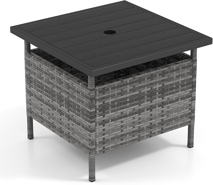 Giantex Umbrella Table, Outdoor Side Table with 2" Umbrella Hole, Rattan Umbrella Stand Holder, Heavy Duty Metal Frame, Patio Bistro Table for Deck Garden Poolside, Mix Gray (HDPE Tabletop)