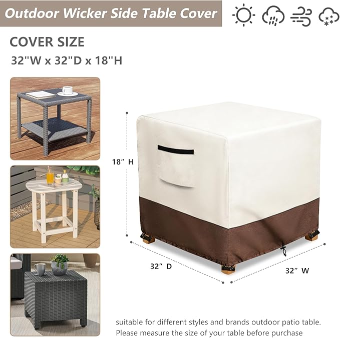 Waterproof Patio Ottoman Cover, Heavy Duty Square Outdoor Side Table Furniture Covers Size 32L x 32W x 18H inch (Beige)