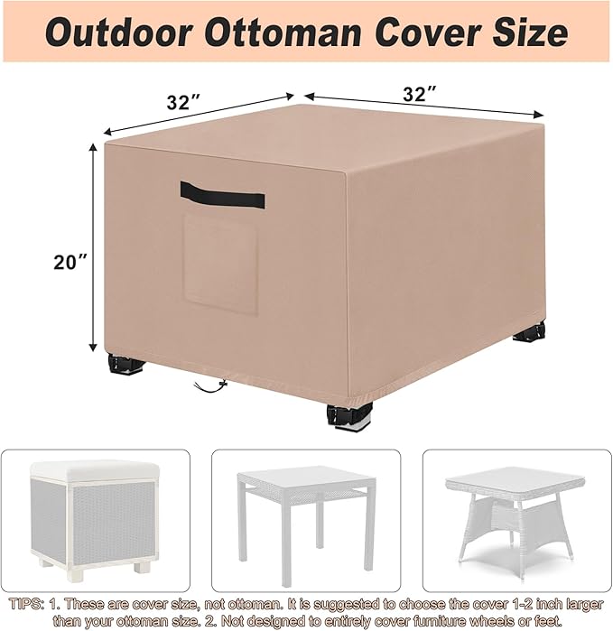 LYHNMW Outdoor Patio Ottoman Cover, 2PCS 32"L x 32"W x 20"H Waterproof Furniture Covering Protector , 600D Heavy Duty Patio Furniture Cover with Padded Handles (Khaki)