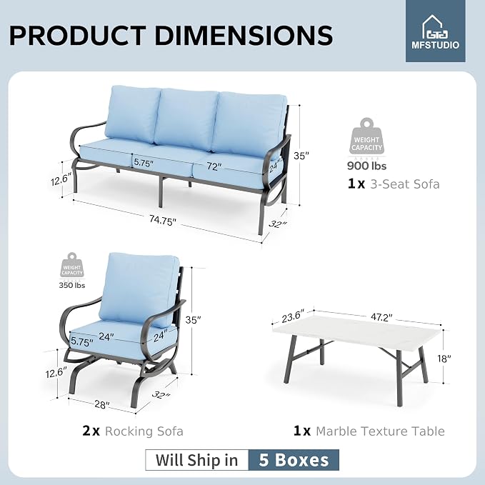 MFSTUDIO 4 Pieces Patio Conversation Sets(5 Seat),Outdoor Metal Furniture Sofas with 1 Loveseat(3 Seat), 2 Rocking Chairs,1 Coffee Table,Wrought Iron with Blue Cushion for Patio Courtyard Balcony