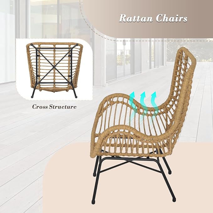 Athena Collection Patio Bistro Sets, 3 Piece All Weather Furniture Set Outdoor Conversation Set Glass Table and Rattan Chairs Set with Soft Cushions for Garden, Poolside, Backyard, Blue