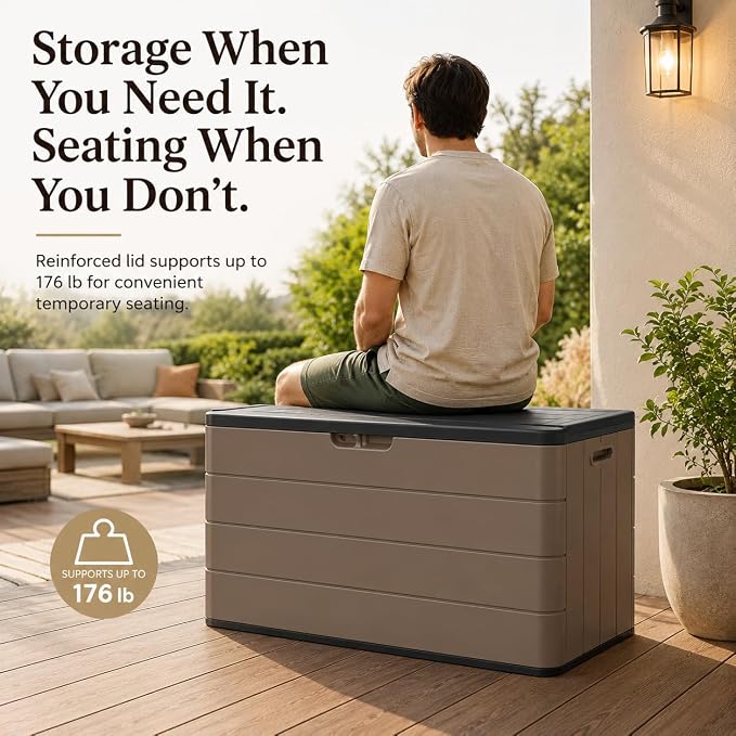 ADDOK 110 Gallon Outdoor Deck Box, Large Waterproof Resin Storage Box with Lid Support Rod, Lockable Lid and Side Handles, Patio Cushion Storage Bench for Poolside, Garden and Backyard, White