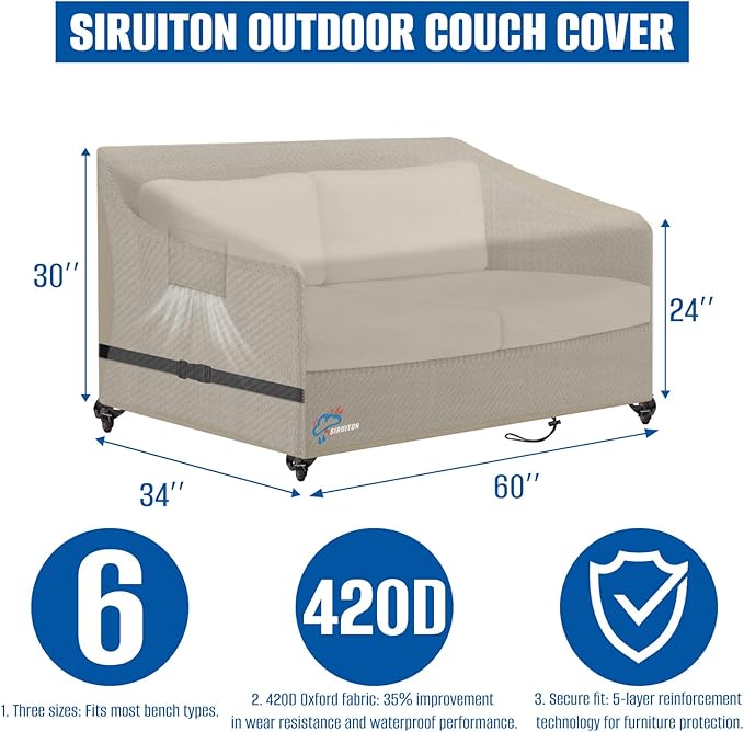 SIRUITON 2-Seat Garden Patio Sofa/Loveseat/Bench Cover 60" W x 34" D x 30" H, Heavy Duty 420D Oxford Waterproof Outdoor Sofa Cover, Lawn Patio Furniture Covers