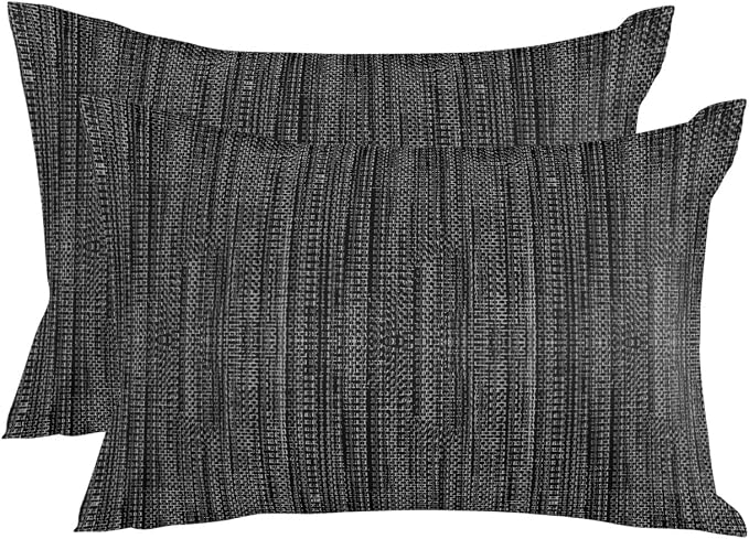 Outdoor Waterproof Throw Pillows 12x20in, Minimalist Obsidian Black Patio Pillows Pack of 2,Decorative Pillow Covers with Insert,Pillow Cushion Case for Garden Couch Sofa Vintage Linen Weave Textured