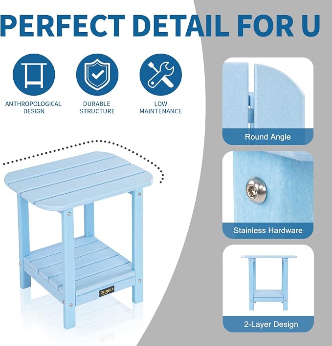 VINGLI Outdoor Side Table with 2 Layer Storage, Plastic Waterproof and UV Resistant HDPE Adirondack Coffee End Tables, All Weather for Patio, Backyard, Pool, Indoor Use (Blue)