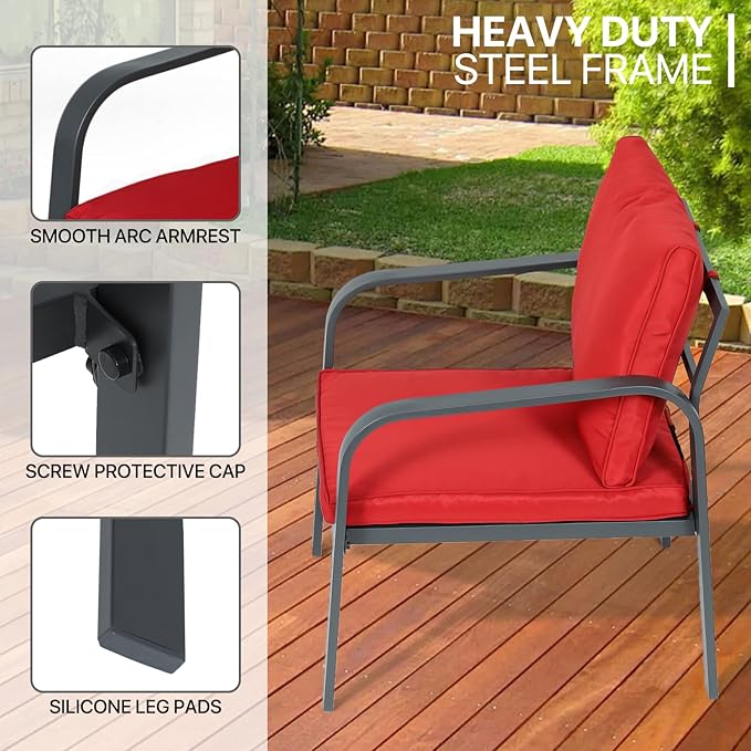 MoNiBloom 4 Pieces Outdoor Patio Furniture, All Weather Conversation Set with Tempered Glass Coffee Table for Garden Backyard Porch Balcony Poolside Deck Lawn, Loveseat Couch and Chairs with Cushions