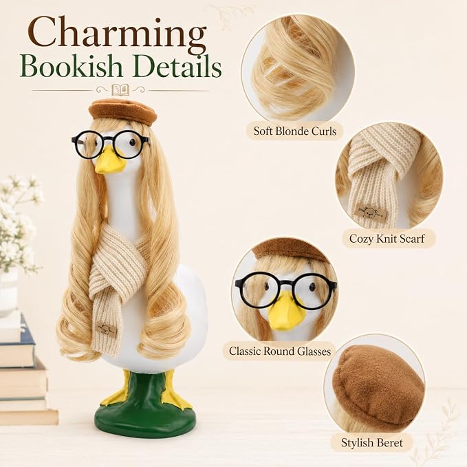 Back to School Bookish Porch Goose Outfit with Goose Blonde Wig 1 Pack Fall Academia Preppy Porch Goose Accessories for 17" & 23" Lawn Goose Statues