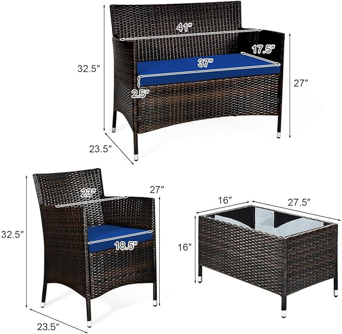 COSTWAY 8PCS Rattan Patio Furniture Set, Outdoor Wicker Rattan Chairs with Coffee Table, Rattan Cushioned Conversation Set for Backyard Balcony Porch Poolside, Navy