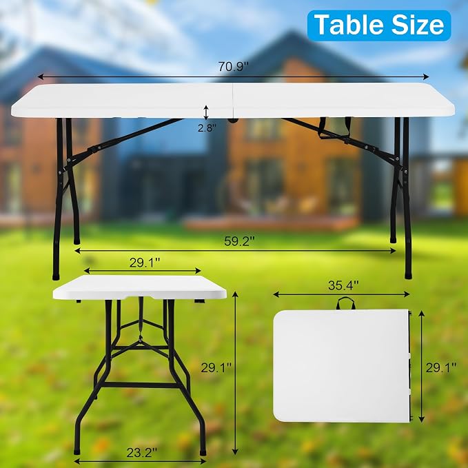 Portable Folding Table 6ft Heavy Duty Plastic Foldable Table with Carrying Handle Outdoor Indoor Plastic Dining Table for Camping and Party Picnic, White
