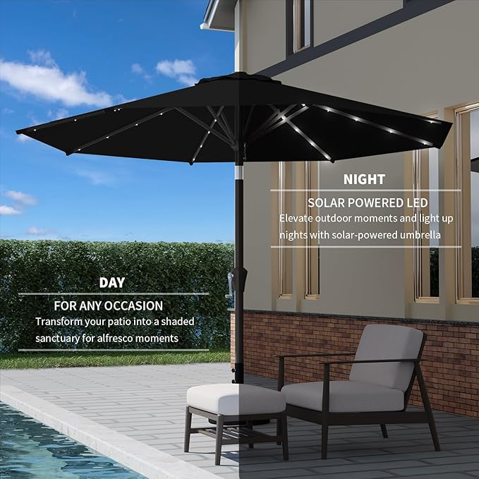 9FT Patio Umbrella with Solar Lights,Outdoor Market Umbrella with Tilt and Crank, LED Lighted Table Umbrella for Garden,Deck,Backyard,Pool,Beach (Black)