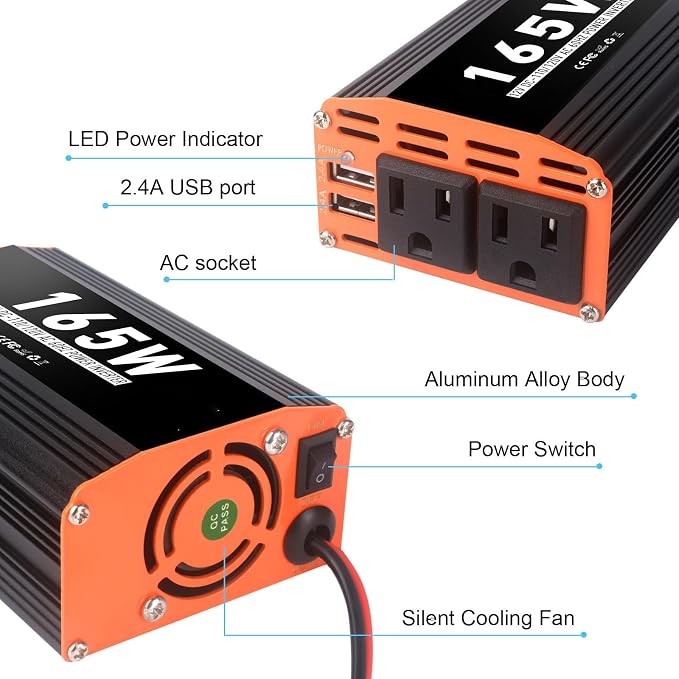 165W Car Power Inverter 12V AC to 110V/120V DC Converter Peak Power 330W Indoor & Outdoor Use with 2 AC Outlets & 2 USB Ports Car Laptop Charger Car Adapter