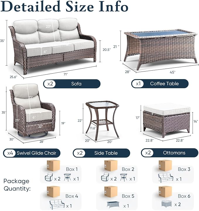 Belord Luxury 6" Thick Cushioned 11 Pieces Patio Furniture Set with Outdoor Couch, Wicker Outdoor Conversation Set with High Back Swivel Rocker Chairs for Deck Porch Yard and Poolside - Brown+Beige