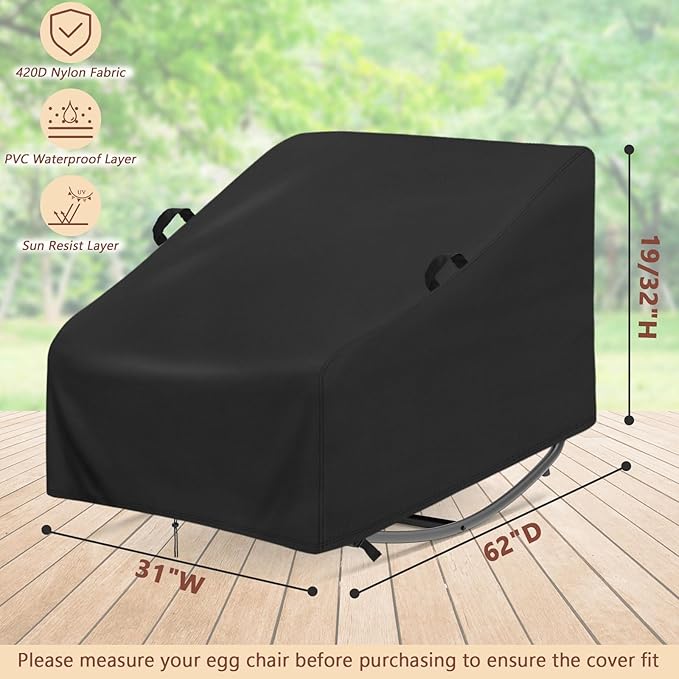 Oversized Double Rocking Papasan Chair Cover 31" - Waterproof 420D Oxford Fabric Patio Chair Cover with Drawstring, Buckles & Handles - Heavy Duty Weather Resistant Cover