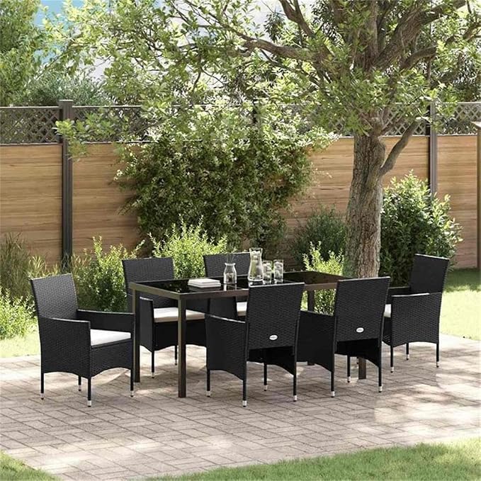 Afuera Living 7 Piece Poly Rattan Garden Dining Set, Black Finish, Powder-Coated Steel Frame, Weather-Resistant Cushions, Tempered Glass Table, Seating for 6, Outdoor Patio or Backyard Dining Use