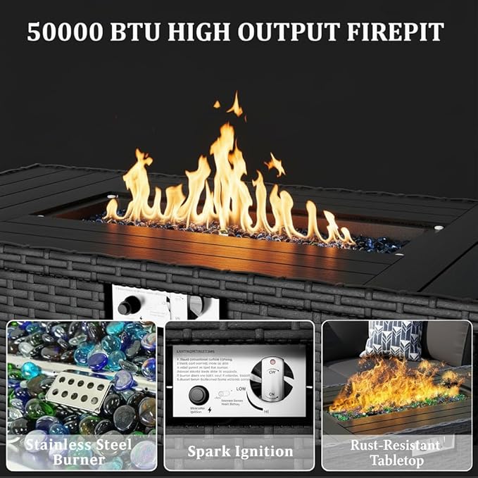 8 Pieces Outdoor Patio Furniture Set with 44" Fire Pit Table Black Rattan Sectional Conversation Sets w/Gas Fire Pit, Coffee Table, 1 Waterproof Covers, Dark Grey