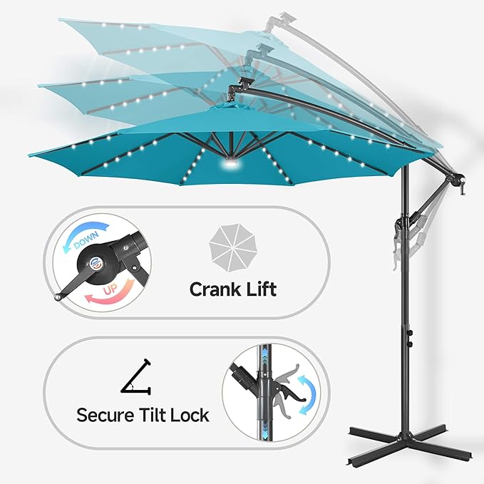 FLAME&SHADE 10ft Solar Cantilever Umbrella with 40 LED Lights, Lighted Large Offset Outdoor Patio Umbrellas, 8 Sturdy Ribs, UPF50+ UV Protection for Pool Deck Garden Yard, Aqua Blue