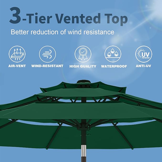 PatioKingdom 9ft 3-Tier Patio Market Umbrella with Crank/Tilt, Commercial Heavy Duty Wind Proof,Outdoor Table Umbrella with 8 Fiberglass Ribs,UPF50+ for Deck,Pool,Garden,Backyard (Dark Green)