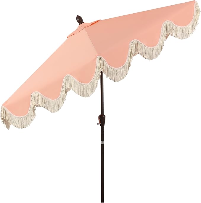 JONATHAN Y UMB1001 Collins 9 ft. Classic Cottage Tassel Market Patio Umbrella with Auto-Tilt, Crank, Wind Vent and UV Protection