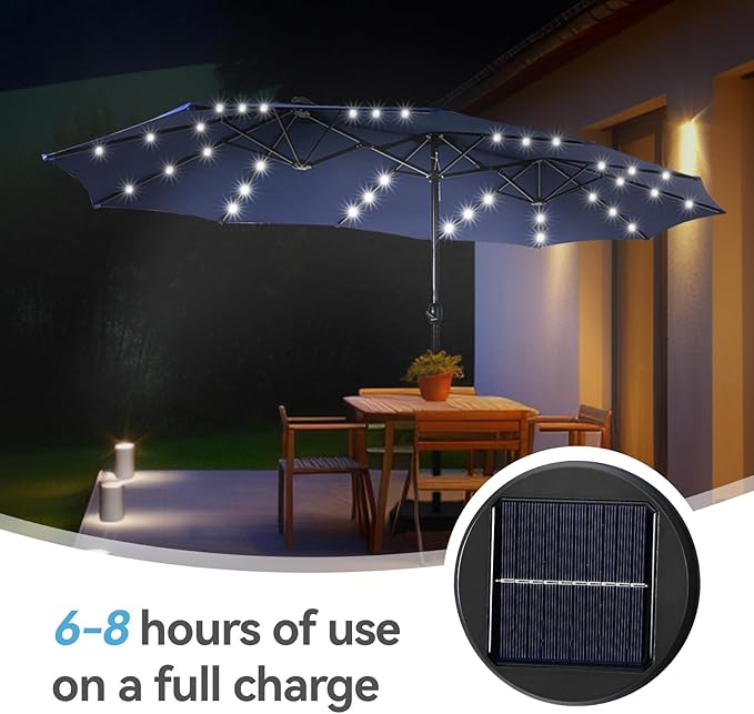 GREEN PARTY 15 ft Large Outdoor Patio Umbrella with Solar Led Lights & Base Included, Double-Sided Rectangular Table Umbrella with Stand, Market Umbrellas for Deck Poolside Garden Backyard, Navy Blue