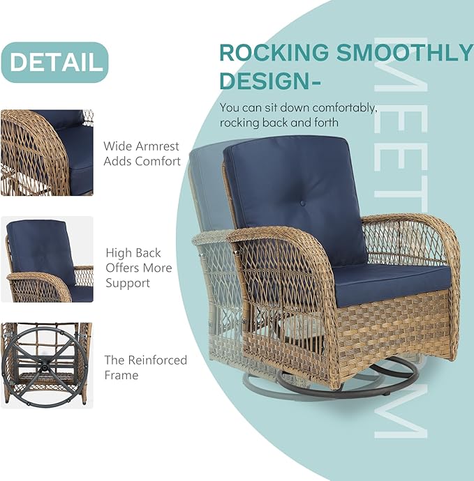 MEETWARM 3 Pieces Outdoor Wicker Swivel Rocker Patio Set, Rocking Chairs Rattan Patio Furniture Sets with Thickened Cushion and Glass-Top Coffee Table, Conversation Bistro Set for Porch (Navy Blue)