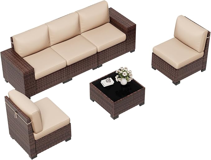 6 Pieces Outdoor Patio Furniture Set with Table Brown Rattan Sectional Sofa Conversation Sets for Balcony Lawn and Garden (Beige, 6 pcs w/Table)