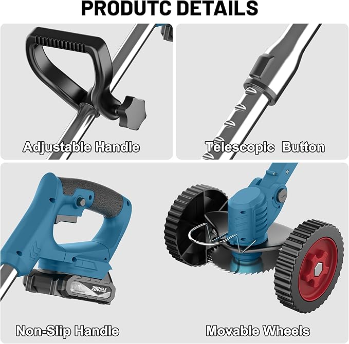 MGYM Cordless Weed Wacker, 20V Electric String Trimmer with 2x2.0Ah Batteries and Charger, Adjustable Pole Weed Wacker with Wheel for Lawn, Yard, Garden Grass Cutter(Blue)