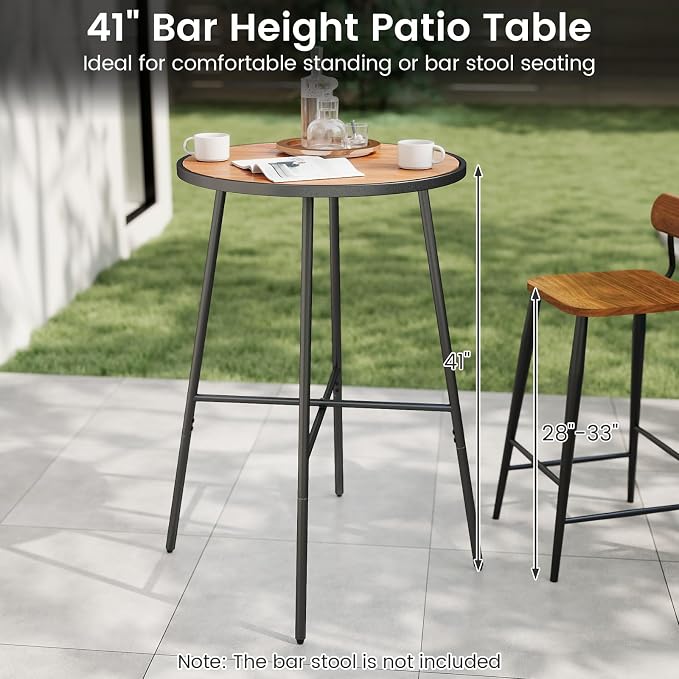 COSTWAY Outdoor Bar Table, 41" Bar Height Patio Round Table with Acacia Wood Top & Metal Frame, High Top Outside Pub Height Bistro Dining Table for Balcony, Garden and Backyard