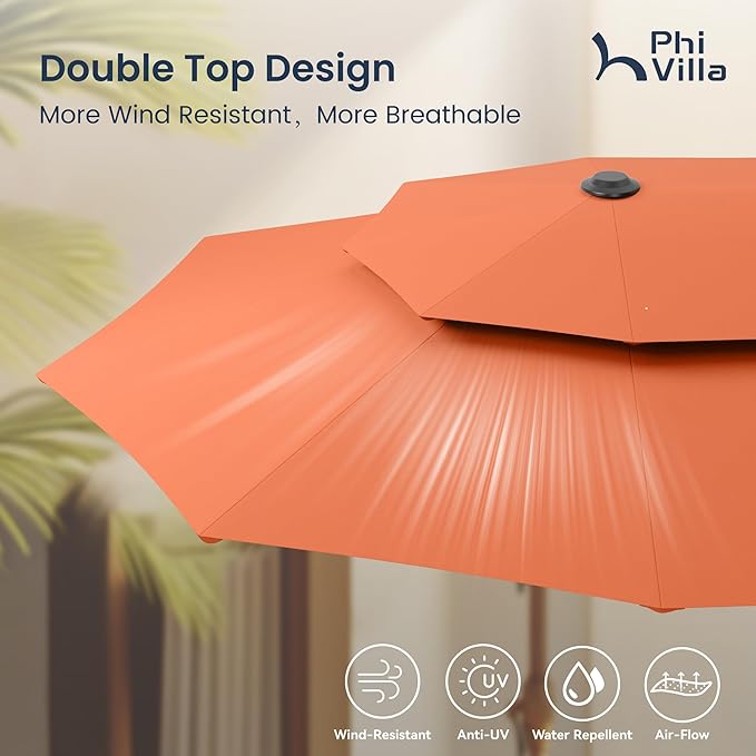 PHI VILLA 13ft Large Patio Umbrellas with Base Included, 2-Tier Double-Sided Outdoor Market Rectangle Umbrella for Outside, Orange Red