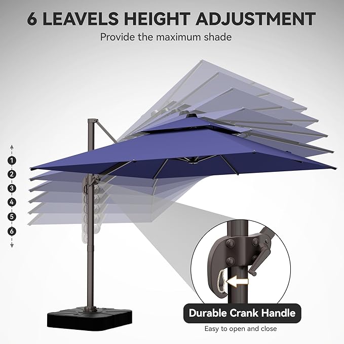 GENTEACO 10X10 FT Cantilever Umbrella, Large Offset Patio Umbrella with Double Top, 6 Angle Tilts & 360° Rotation, Large Square Sun Umbrellas for Outdoor Patio Pool Deck Market, Navy Blue