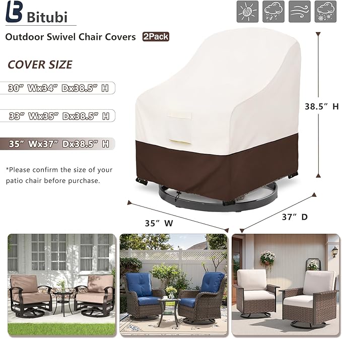 Bitubi Waterproof 2 Pack Outdoor Swivel Chair Cover for Patio Chair Size Up to 35W x 37D x 38.5H inch,Outdoor Lawn Patio Furniture Covers (Brown)