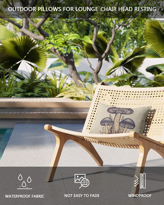 Outdoor Pillows Covers with Inserts Wild Plants Vintage Blue Mushroom Leaves Waterproof Recliner Pillow with Adjustable Strap Throw Pillows for Patio Furniture Pool Lounge Chair, 11x16 inch, 1PCS