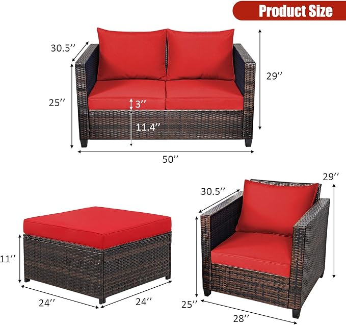 Tangkula 5 Pieces Patio Wicker Furniture Set, Outdoor Rattan Sofa Set with Loveseat, 2 Single Sofas, 2 Ottomans & Removable Cushions, Sectional Daybed Sofa Set for Yard, Garden, Poolside, Red
