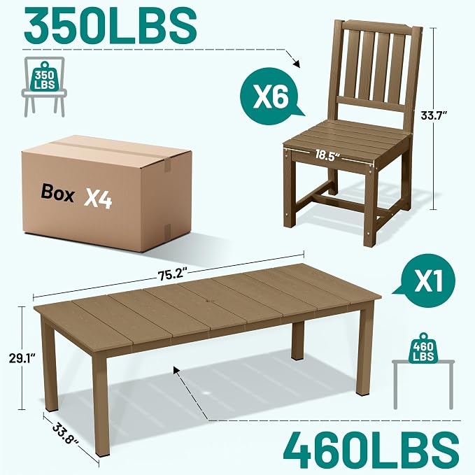 PLUUV 7-Piece Outdoor Dining Set – HDPE Patio Furniture with Umbrella Hole Table, Aluminum Legs, and 6 Armless Chairs, Weatherproof & Easy-Clean for Backyard, Garden, Brown