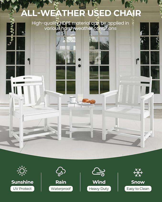 Patio Chairs, HDPE Outdoor Dining Chairs with Wide Seat, All Weather Oversized Porch Chair for Garden, Backyard, Deck - White