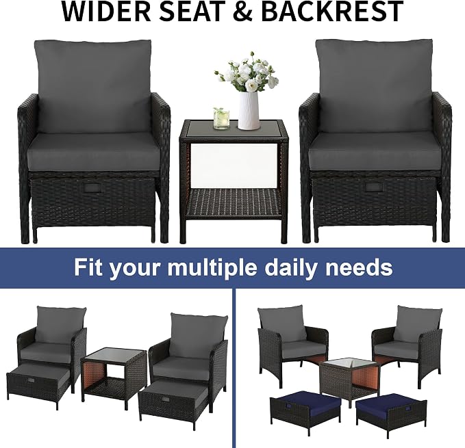 5 Piece PE Wicker Patio Furniture Set, Outdoor Conversation Chairs with Pull Out Hidden Ottoman, Soft Cushions & Glass Coffee Table, Wicker Bistro Set for Porch, Garden, Balcony, Poolside (Grey)