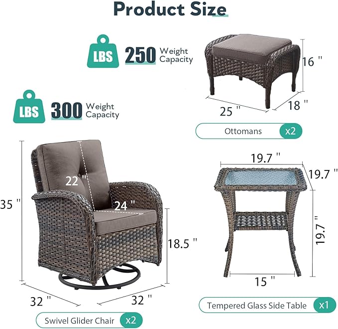 Outdoor Swivel Glider Rocker Chairs Set- 5 Piece Patio Furniture Set, Patio Bistro Sets with Tempered Glass Side Table and 2 Ottoman, for Balcony, Porch - Brown Wicker, Grey Cushion