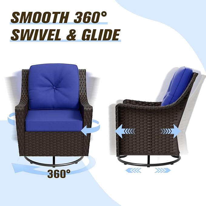 Stone Creek Outdoor Furniture Set with Swivel Rocking Chairs, 3 Seater Couch, Side Table & Ottomans, Wicker Patio Conversation Set, Balcony Furniture, 6 Piece, Brown/Blue