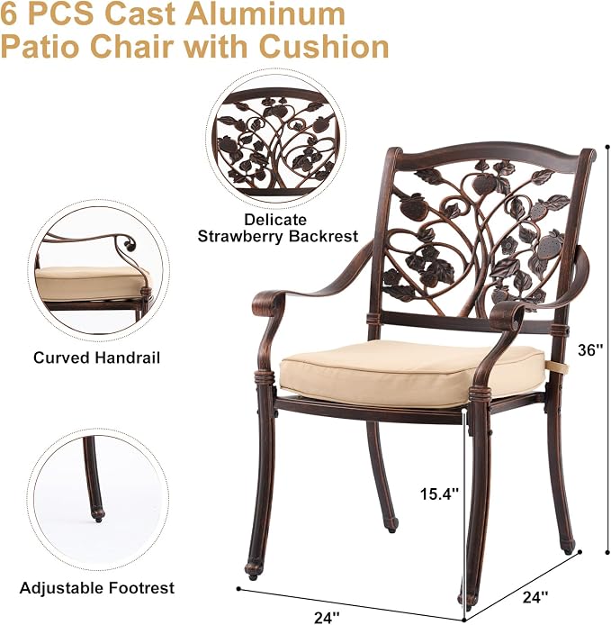 7-Piece Cast Aluminum Outdoor Dining Set, Copper Red Patio Furniture for 6 Includes 60" Rectangular Dining Table and Unique Strawberry & Leaf 6 Stackable Chairs with Cushions & Umbrella Hole