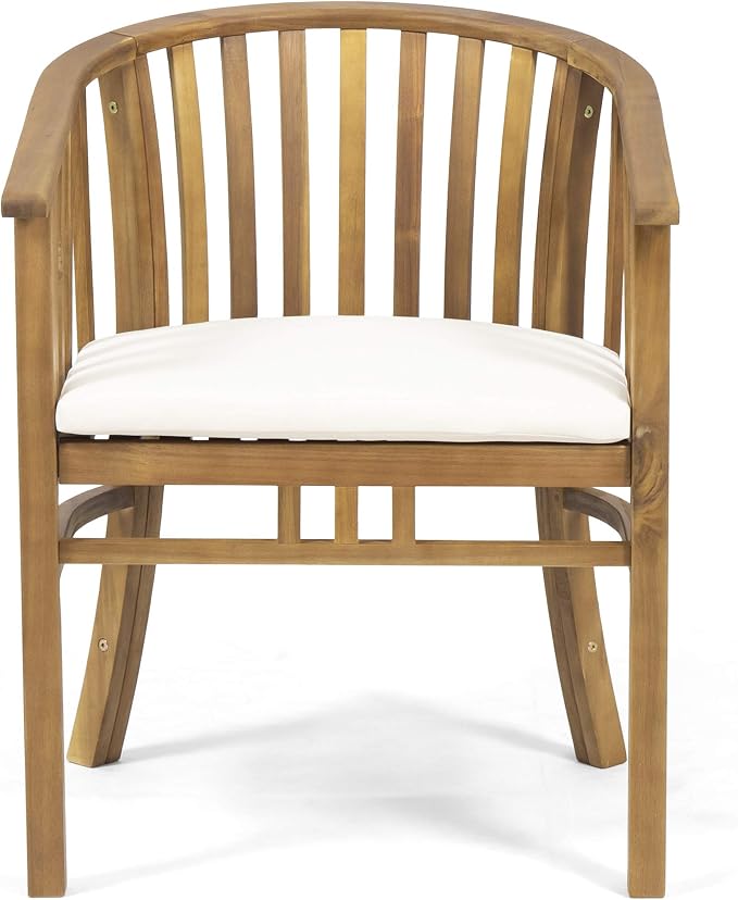 Merax Patio Armchairs Set of 2 Acacia Wood Outdoor Dining Chairs with Curved Back & Armrest & Water-Resistant Cushions for Porch Deck Garden Backyard, Teak Finish