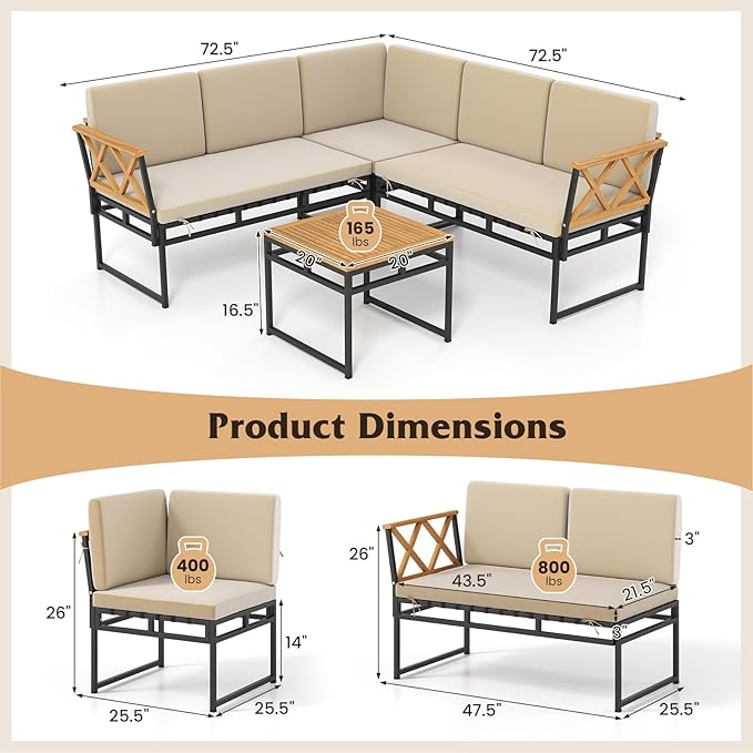 Tangkula L Shaped Outdoor Sectional Sofa Set, 4 Pieces Acacia Wood Patio Cushioned Conversation Set with Bungee Rope Seat,for Porch, Yard, Poolside (Off White)