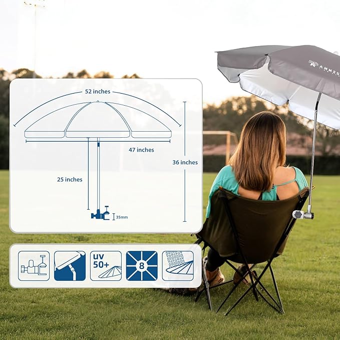 AMMSUN Chair Umbrella with Universal Clamp Adjustable 47 inches and 360° Swivel & UPF 50+ Protection Portable Sun Umbrella, Secure Clip on Camping/Beach Chairs, Stroller, Wheelchair, Golf cart, Lounger, Grey, 2 PACK