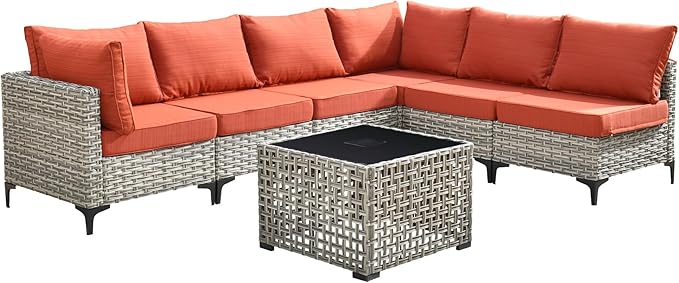 Outdoor Patio Furniture Sets,7 PCS Patio Conversation Set Outside Rattan Sectional Sofa with Coffee Table Fit Backyard Porch Garden Poolside Balcony