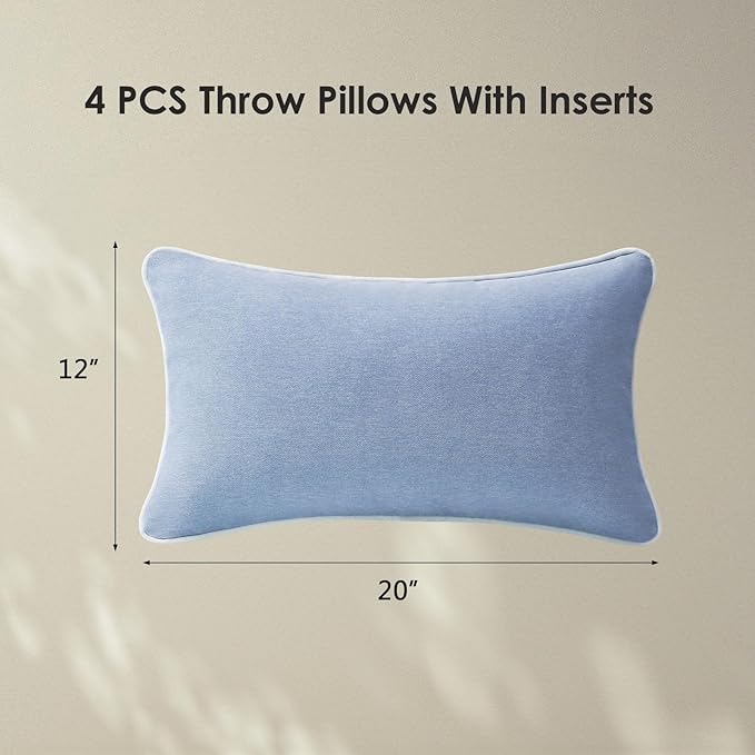 Unimatta Decorative Outdoor Water Repellent Throw Pillows with Inserts, Set of 4, 20" x12" Pillows for Patio, Backyard, Bed, Couch, and Patio Furniture, Powder Blue