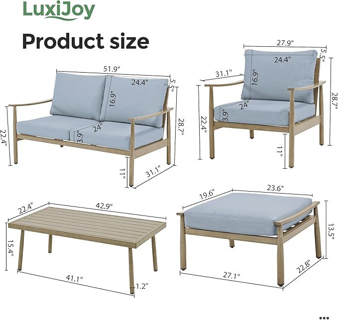 6 Pieces Aluminum Outdoor Patio Furniture Set with Coffee Table, Cushioned Loveseat and Armchairs with Ottomans, All-Weather Conversation Set for Yard Porch Deck, Blue & Brown