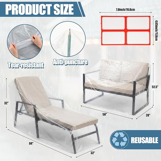 Windyun 4 Pack Patio Chaise Lounge Cover for Furniture, Outdoor Waterproof Loveseat Bench Cover, Clear Plastic Couch Chair Slipcovers Dustproof for Sofa Moving Storage Protector